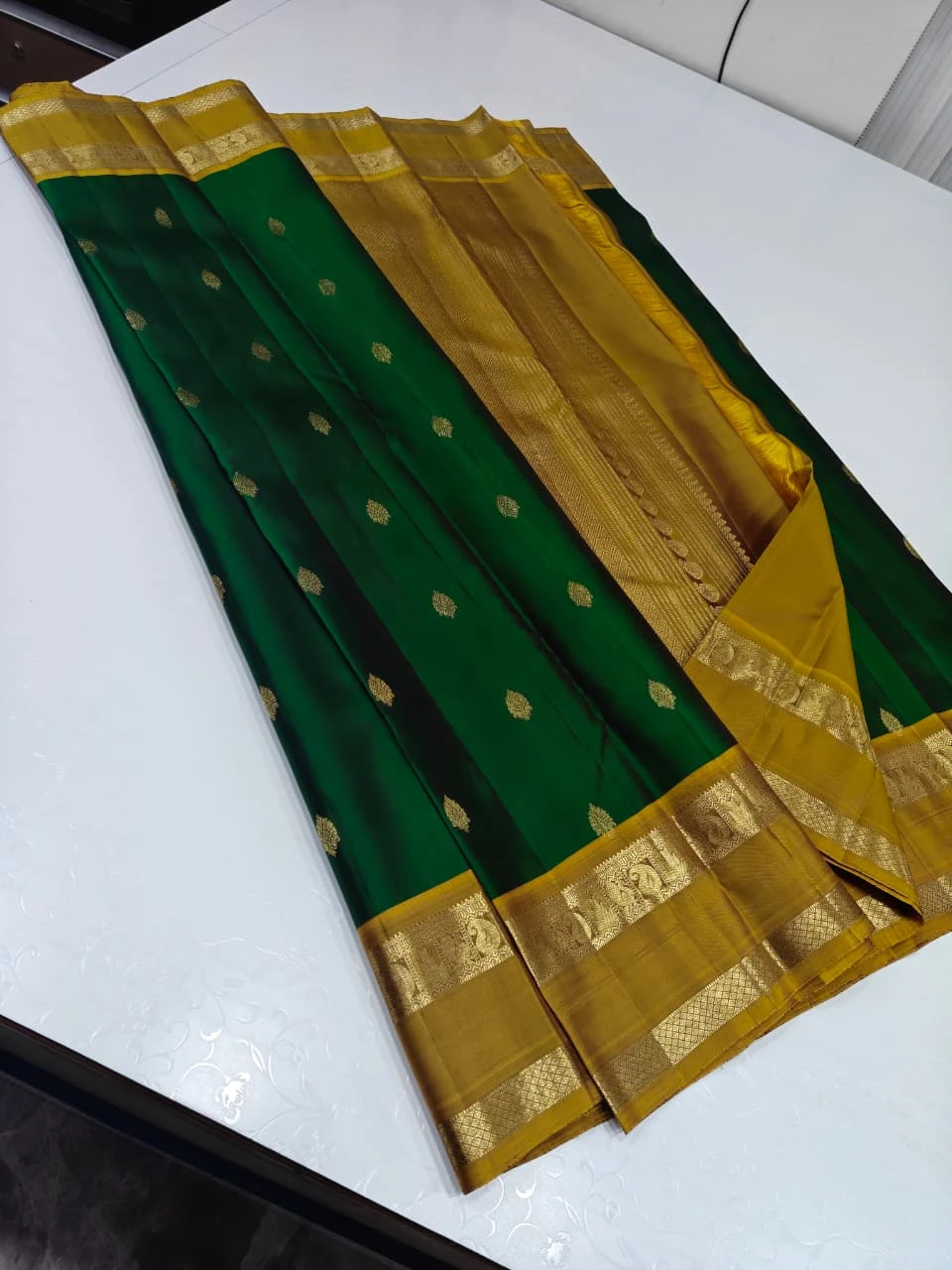 Bottle Green & Antique Gold Brocade Saree